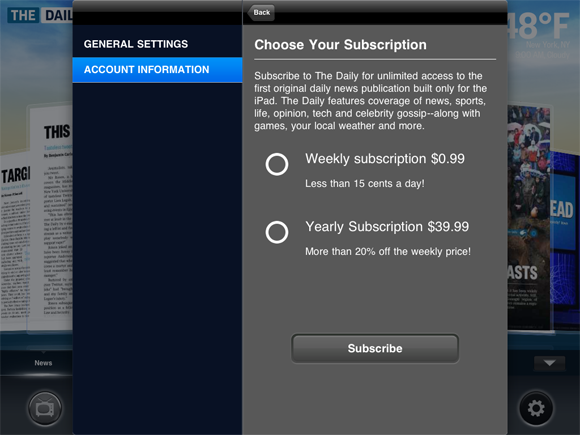 Subscription screen from The Daily