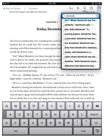 The Nook iPad app's inside-the-ebook search tool