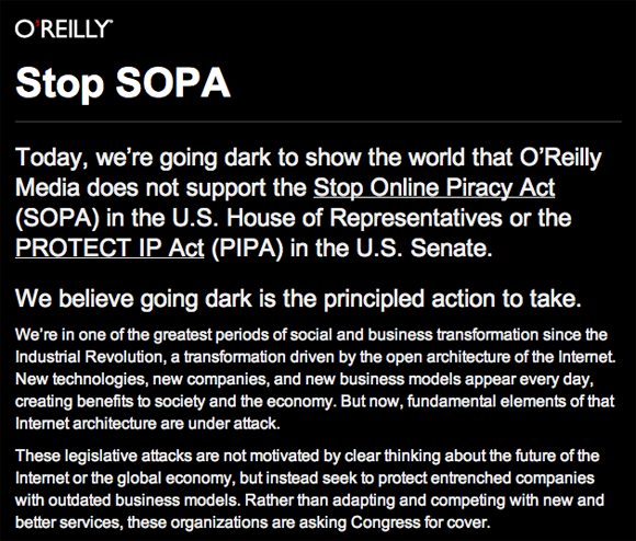 Screenshot of message on O'Reilly websites on Jan 18 2012