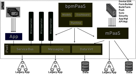 Figure 2 – bpmPaaS= Business Process Management PaaS. In combination with iPaaS and mPaas the focus on developments in the future relies on models, regulations and processes.